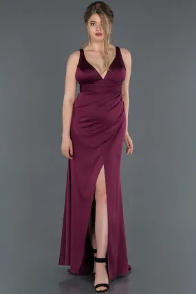 16815 Plum Draped Wrap Skirt Satin Slit Dress