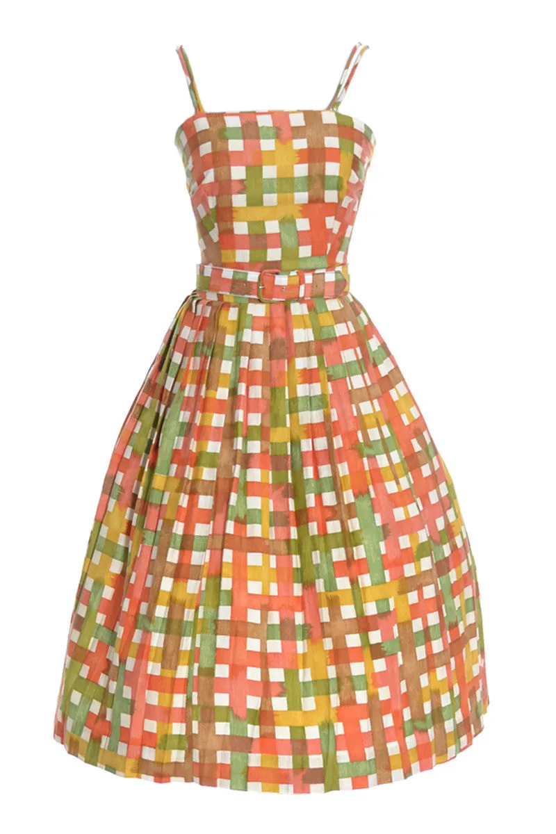 1960s Orange Green and Yellow Plaid Vintage Dress