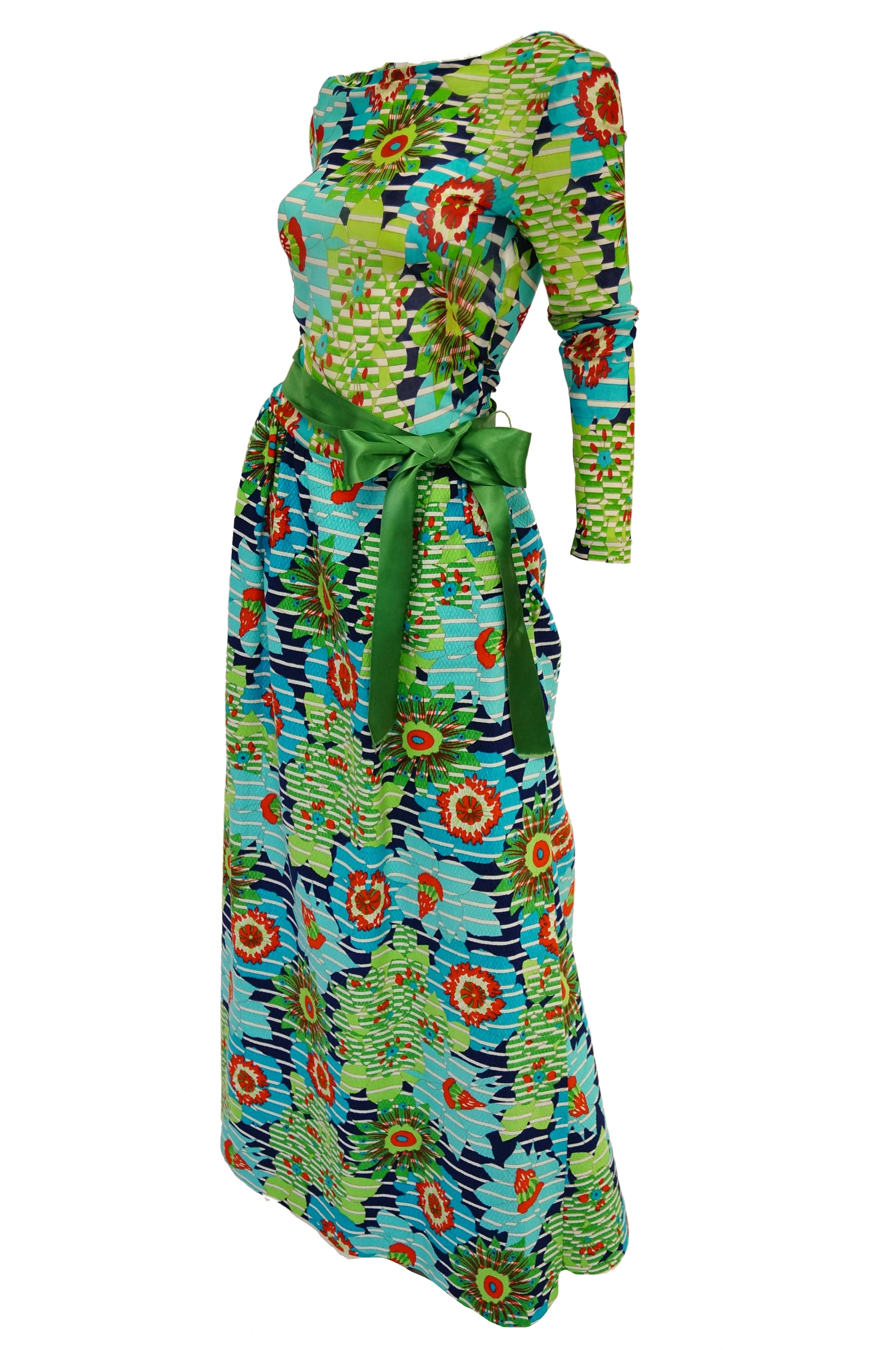 1970s Lanvin Vibrant Green and Blue Floral Dress w/ Sheer Bodice & Scoop Back