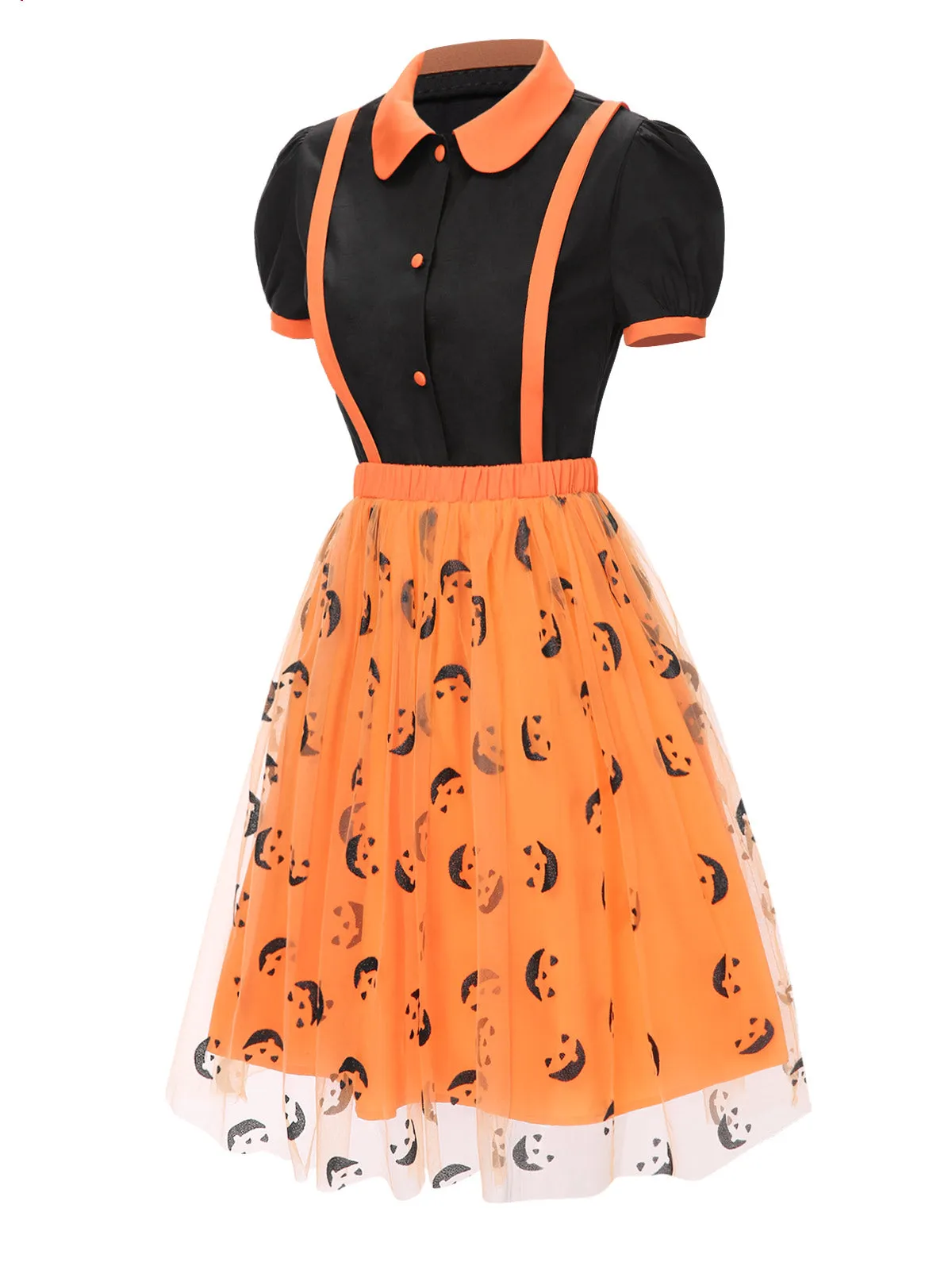 2PCS 1940s Halloween Peter Pan Collar Blouse & Smiley Face Mesh Skirt