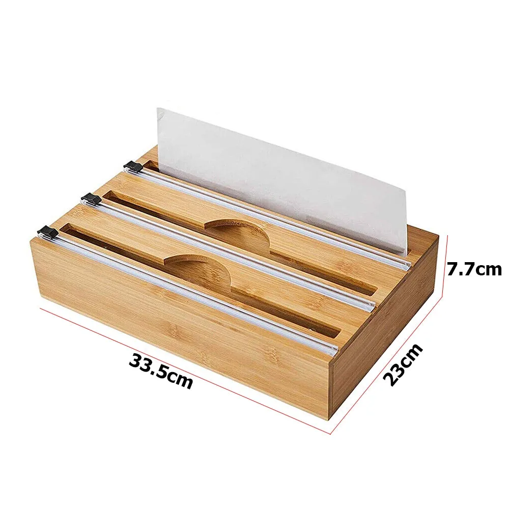 3-Grid Bamboo Food Wrap Dispenser with Cutter and Anti-slip Pads