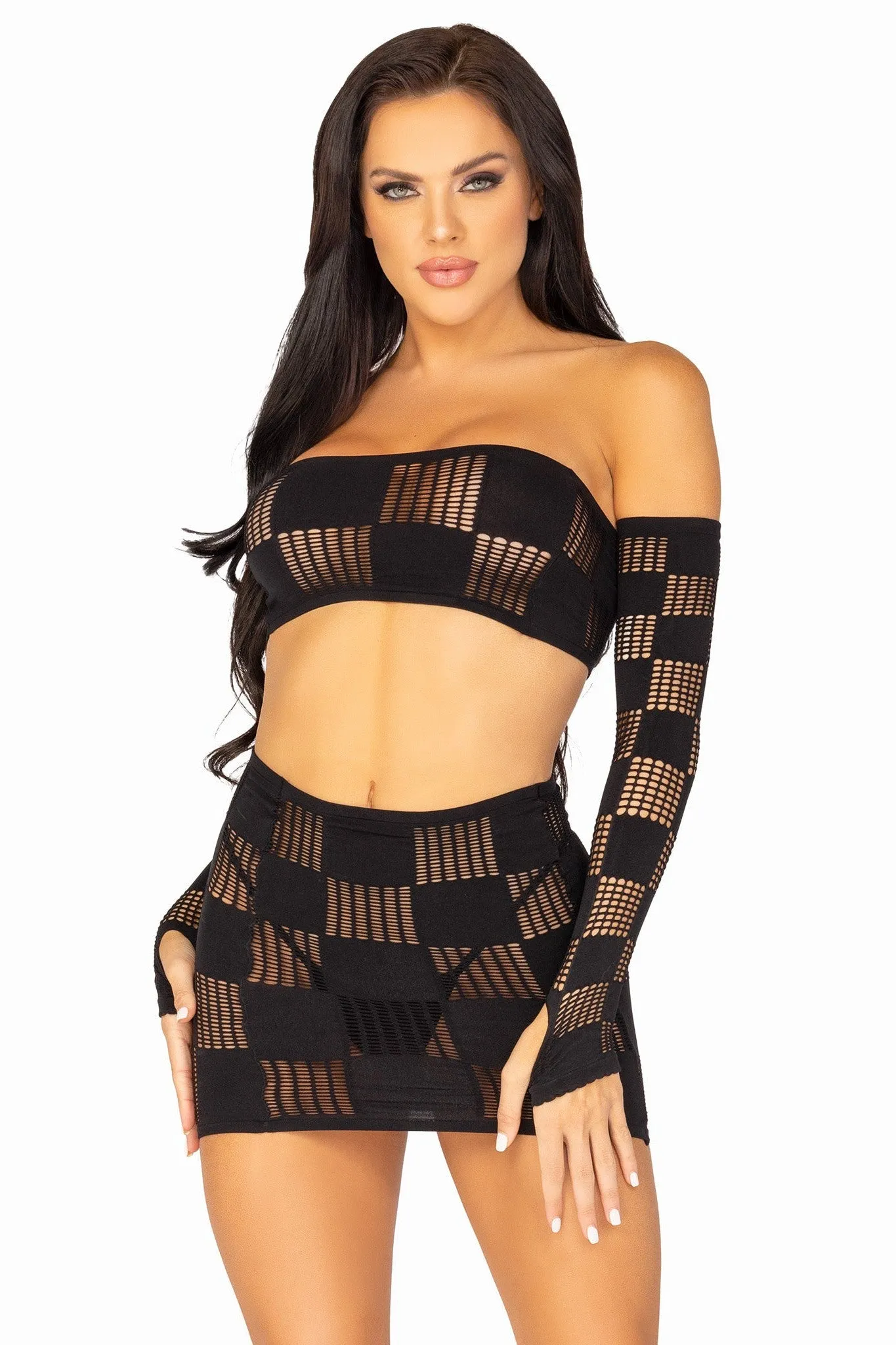 3 Piece Checkerboard Net Bandeau, Mini Skirt & Arm Warmers