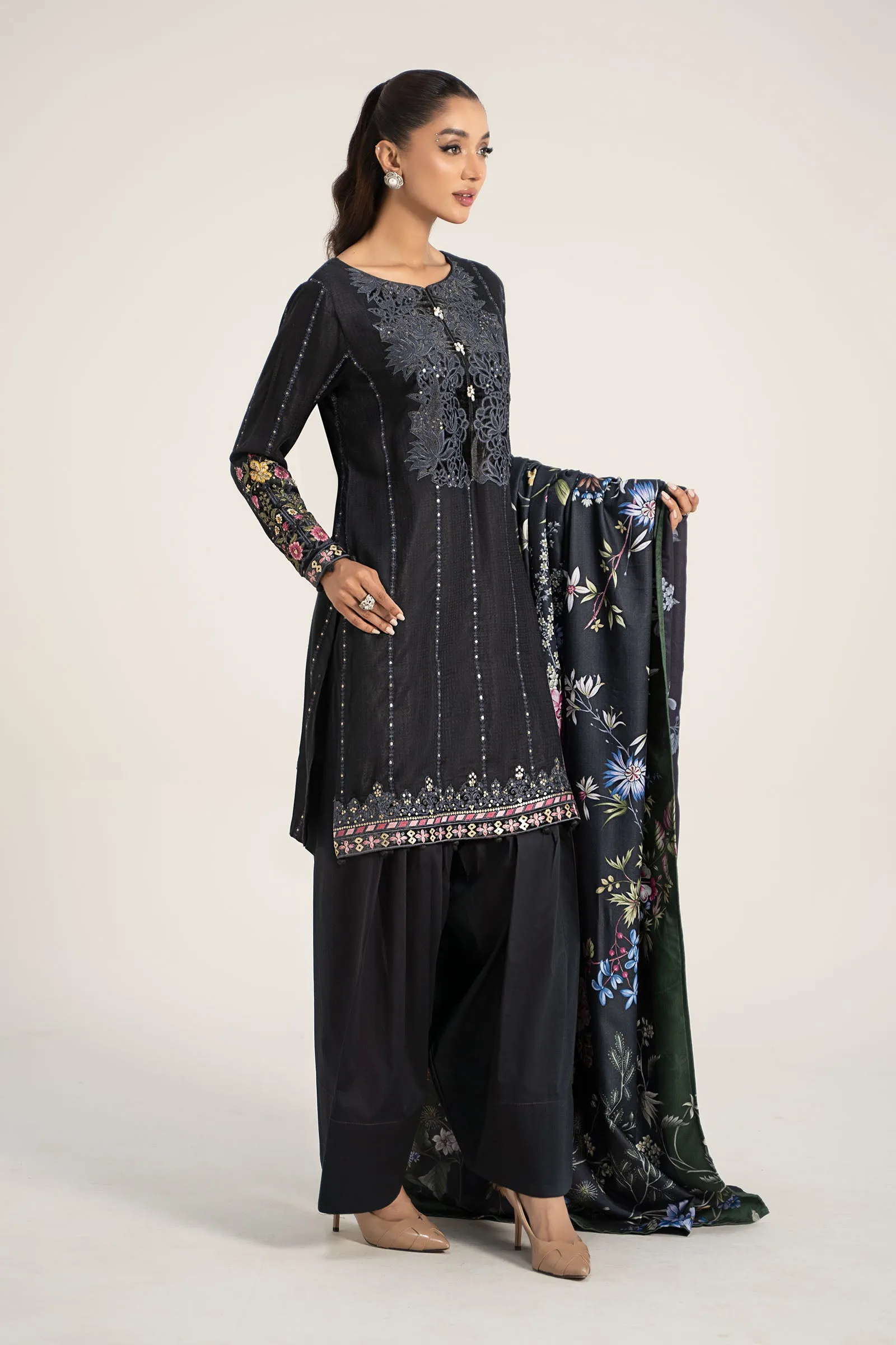 3 Piece Embroidered Linen Suit | DW-W24-150