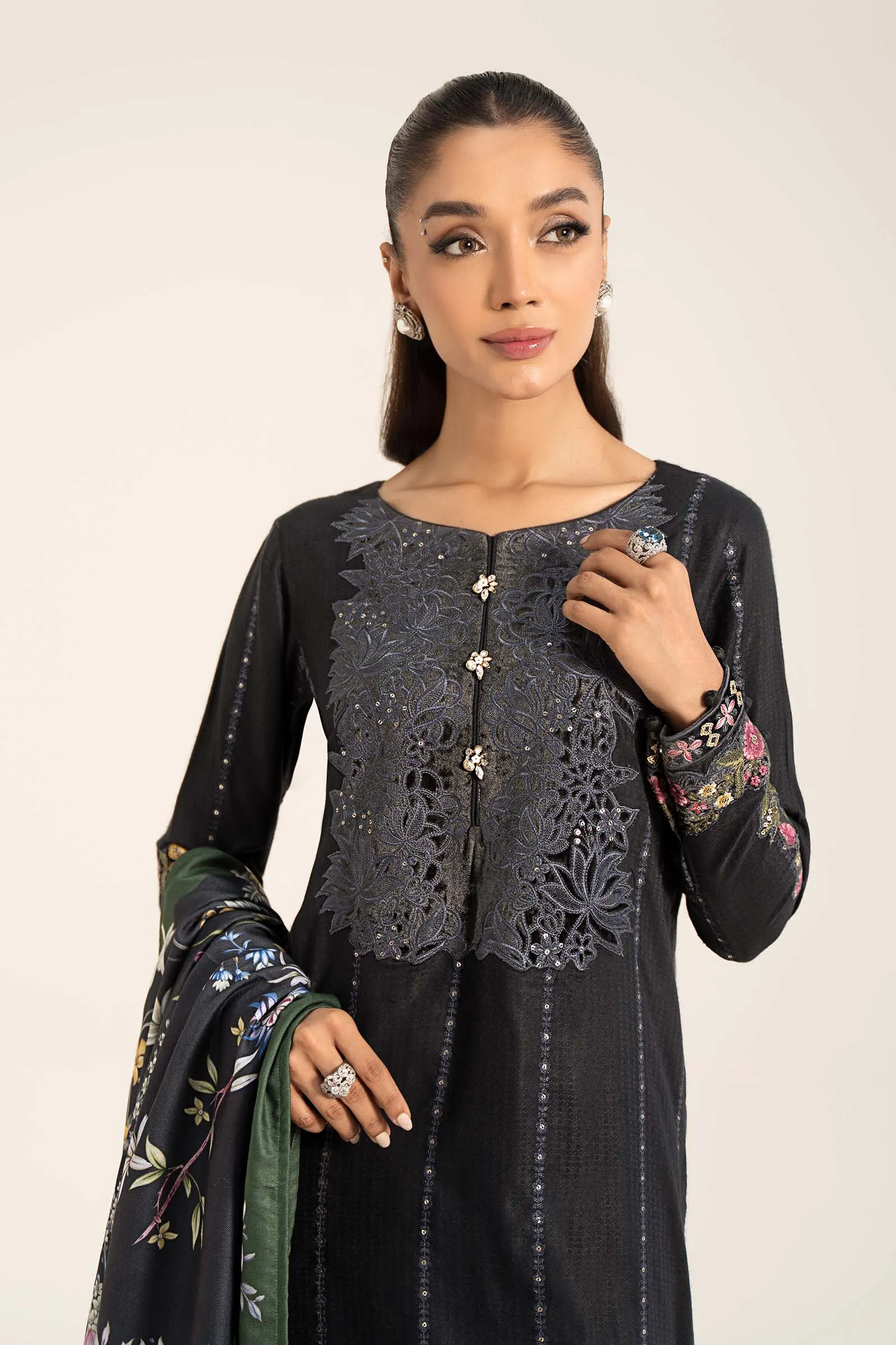 3 Piece Embroidered Linen Suit | DW-W24-150