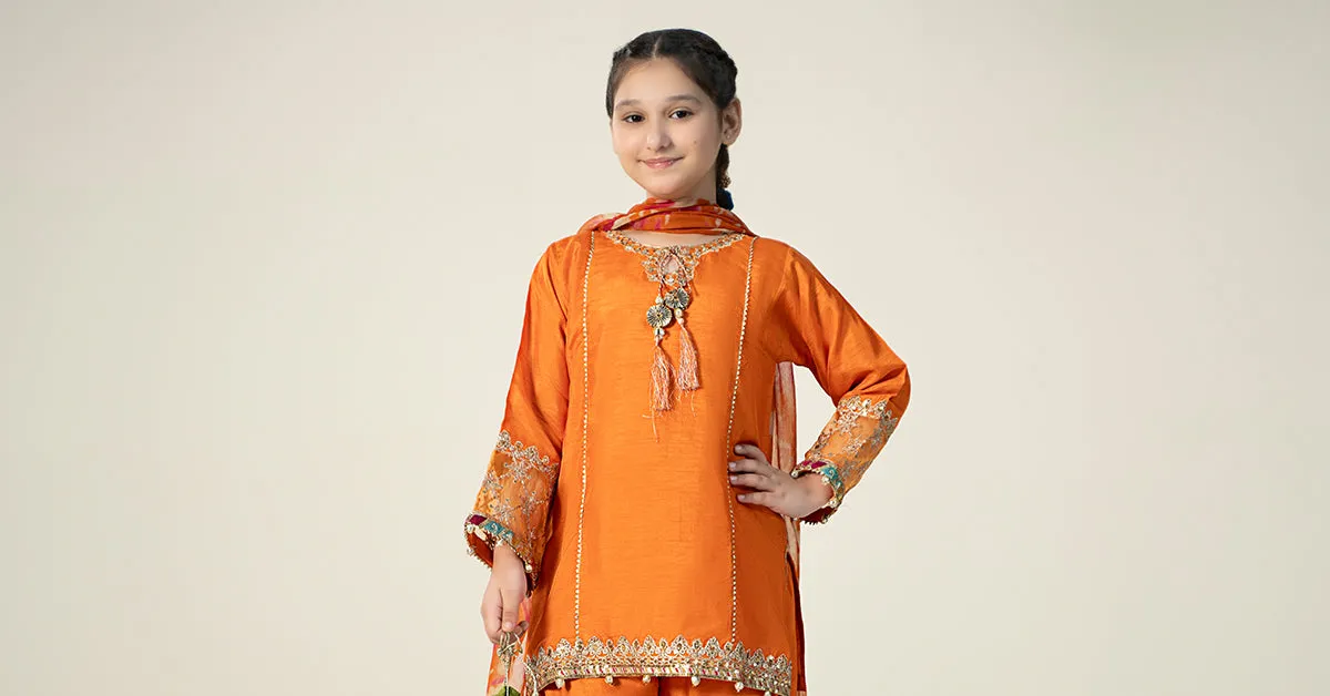 3 Piece Embroidered Raw Silk Suit | MKS-W24-31