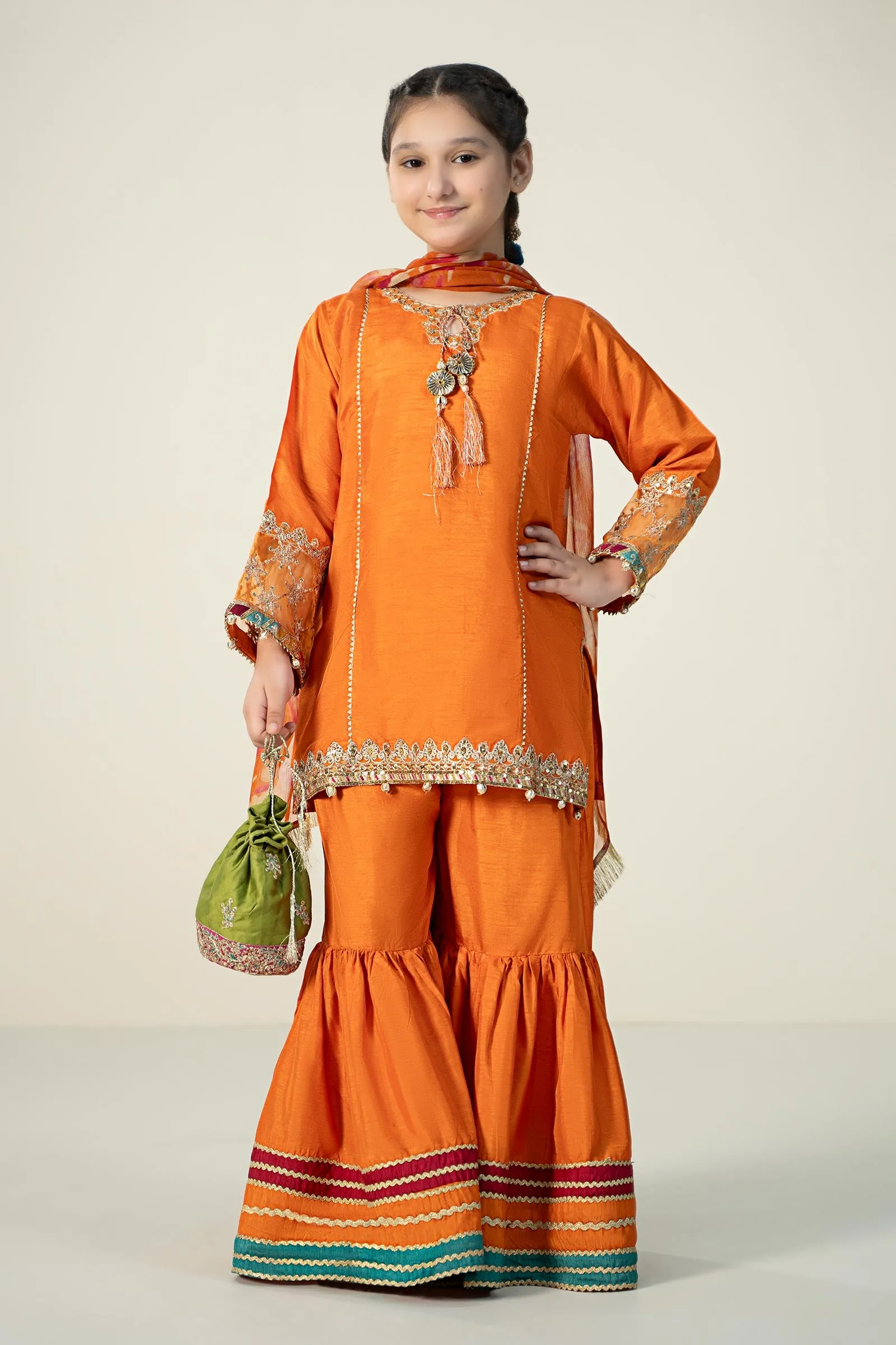 3 Piece Embroidered Raw Silk Suit | MKS-W24-31