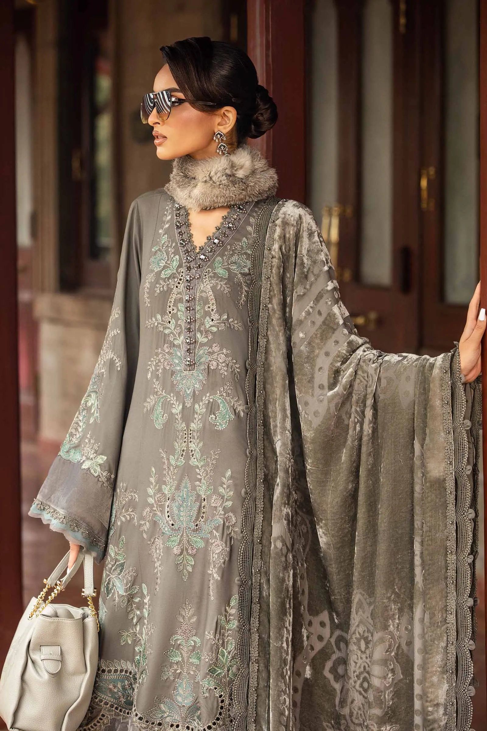 3 Piece Unstitched Embroidered Velvet Suit | DL-1209