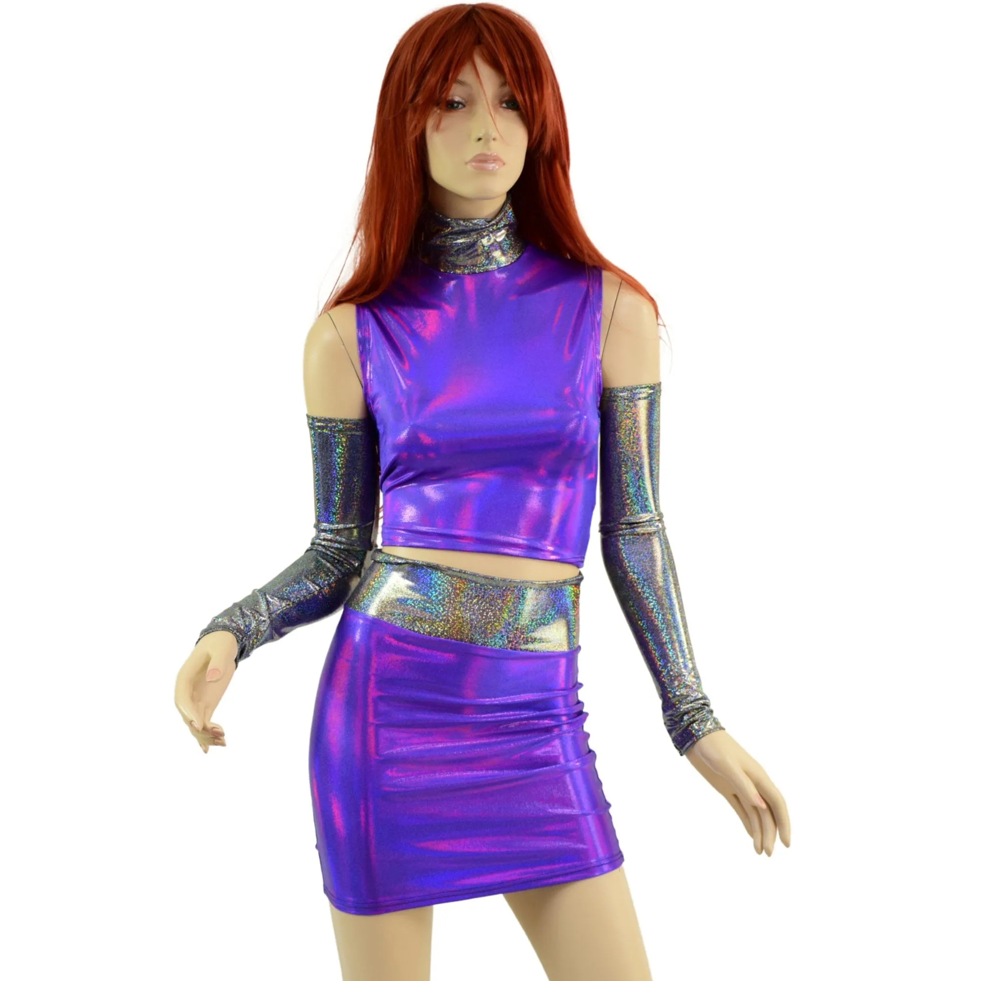 4PC Purple Crop Top & Skirt Set with Silver Holo Trim and Arm Warmers