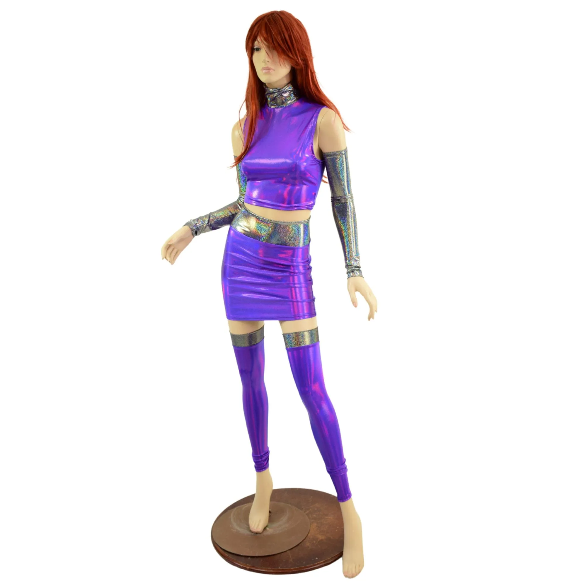 6PC Purple Crop Top & Skirt Set with Silver Holo Trim and Arm & Leg Warmers