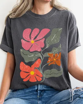 Abstract Boho Flowers Comfort Colors T-Shirt, Women's Boho Distressed-Look Design, Folk Art Design T-Shirtf