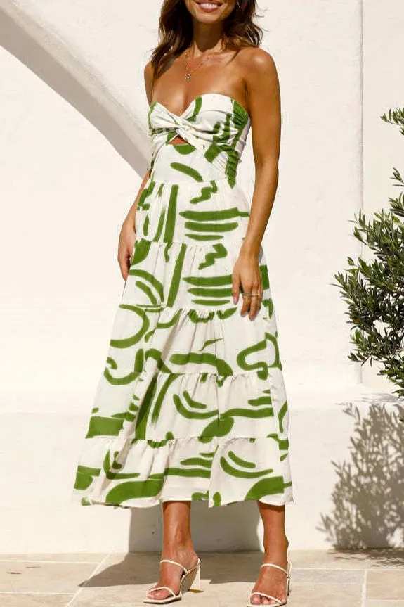 Abstract Twist Front Strapless Maxi Dress Green Multi