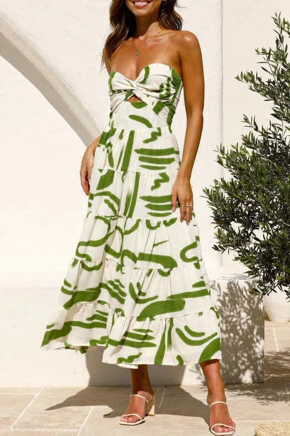 Abstract Twist Front Strapless Maxi Dress Green Multi