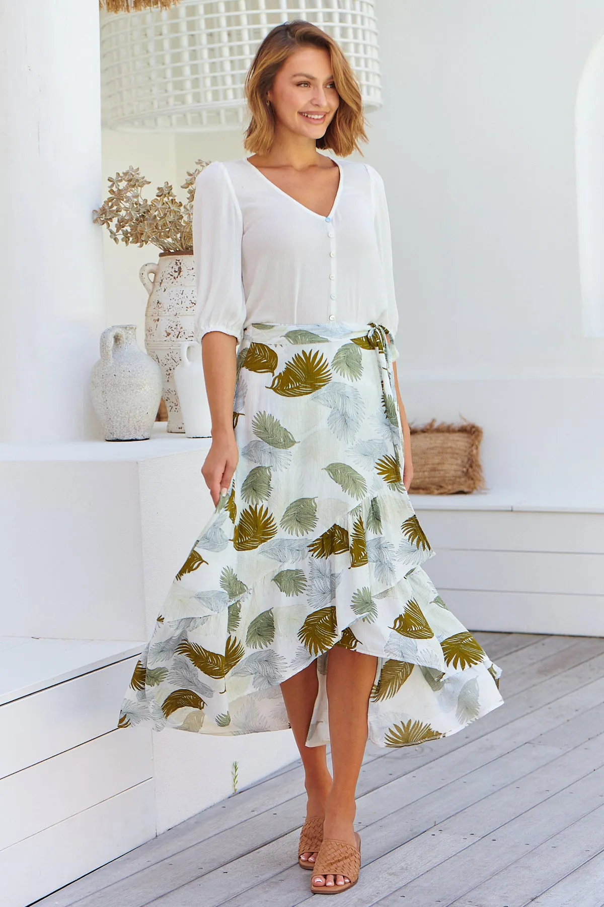 Acacia White/Green Leaf Print Wrap Maxi Skirt