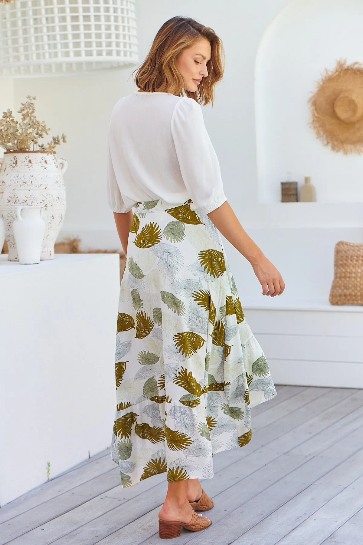 Acacia White/Green Leaf Print Wrap Maxi Skirt