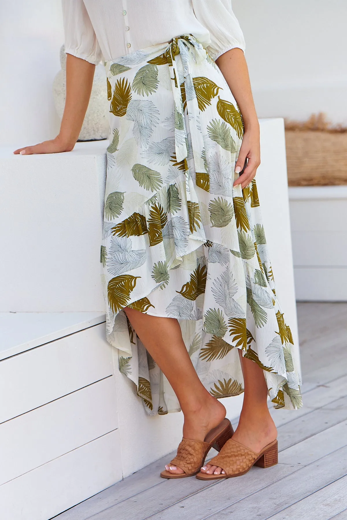 Acacia White/Green Leaf Print Wrap Maxi Skirt