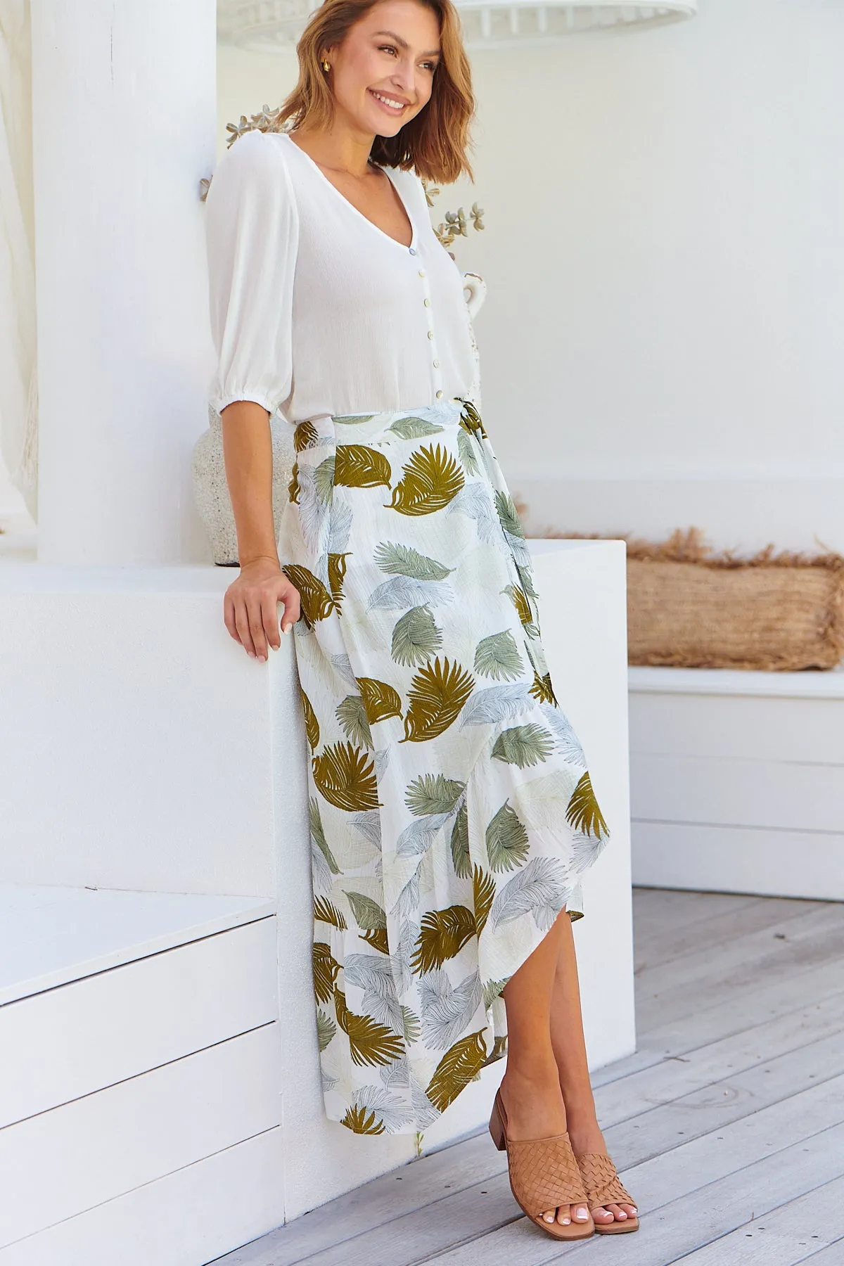 Acacia White/Green Leaf Print Wrap Maxi Skirt