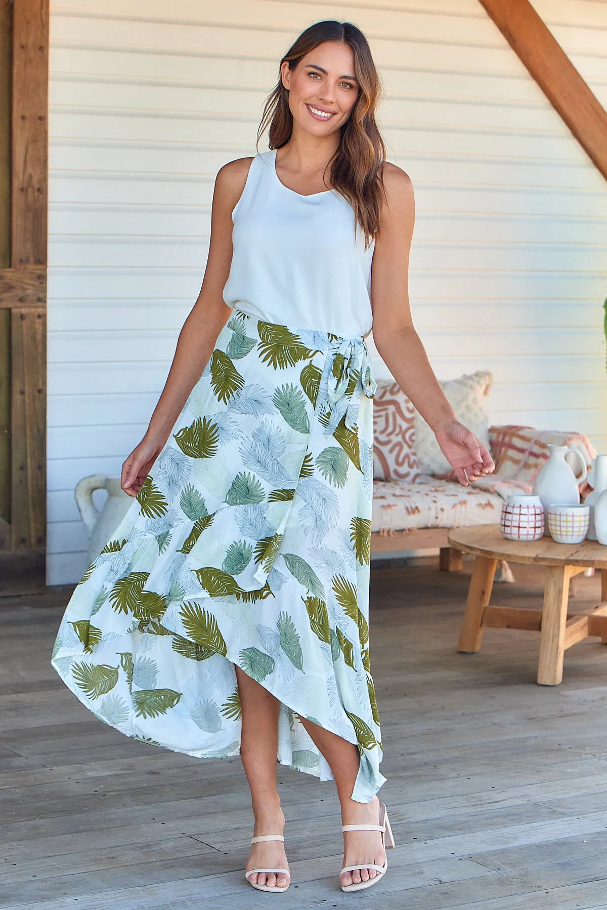 Acacia White/Green Leaf Print Wrap Maxi Skirt