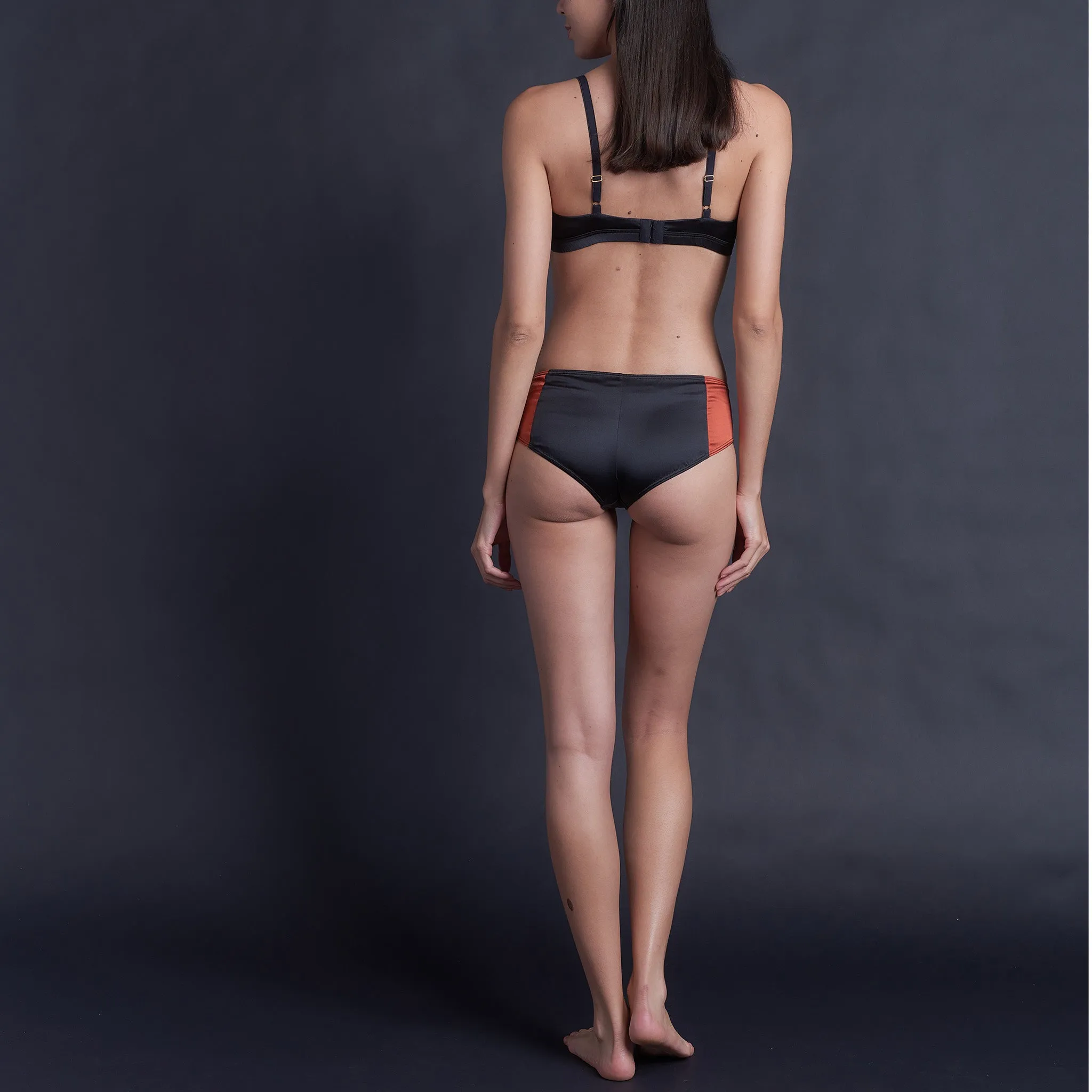 Adele Soft Bralette in Cinnabar & Black Stretch Silk Charmeuse