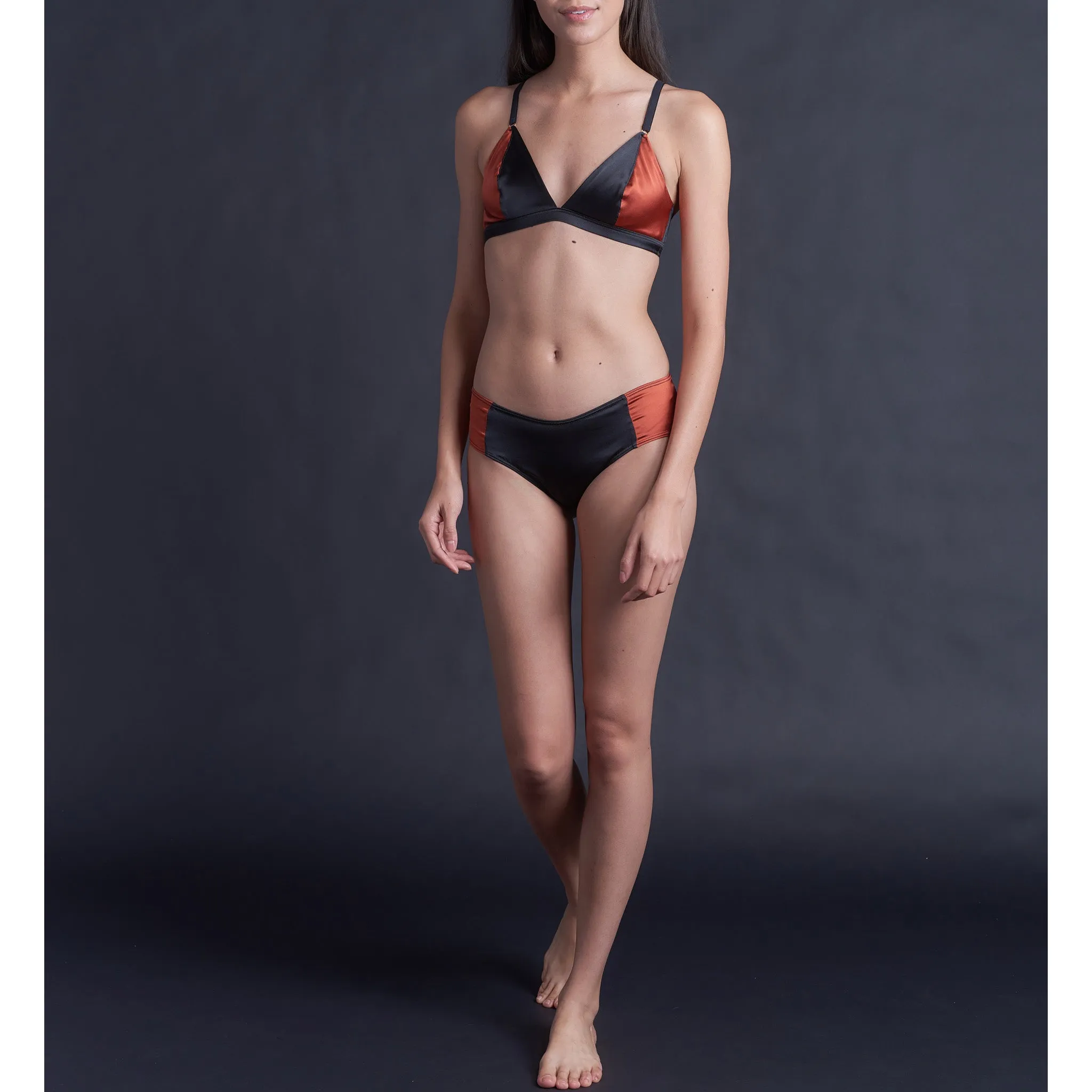 Adele Soft Bralette in Cinnabar & Black Stretch Silk Charmeuse