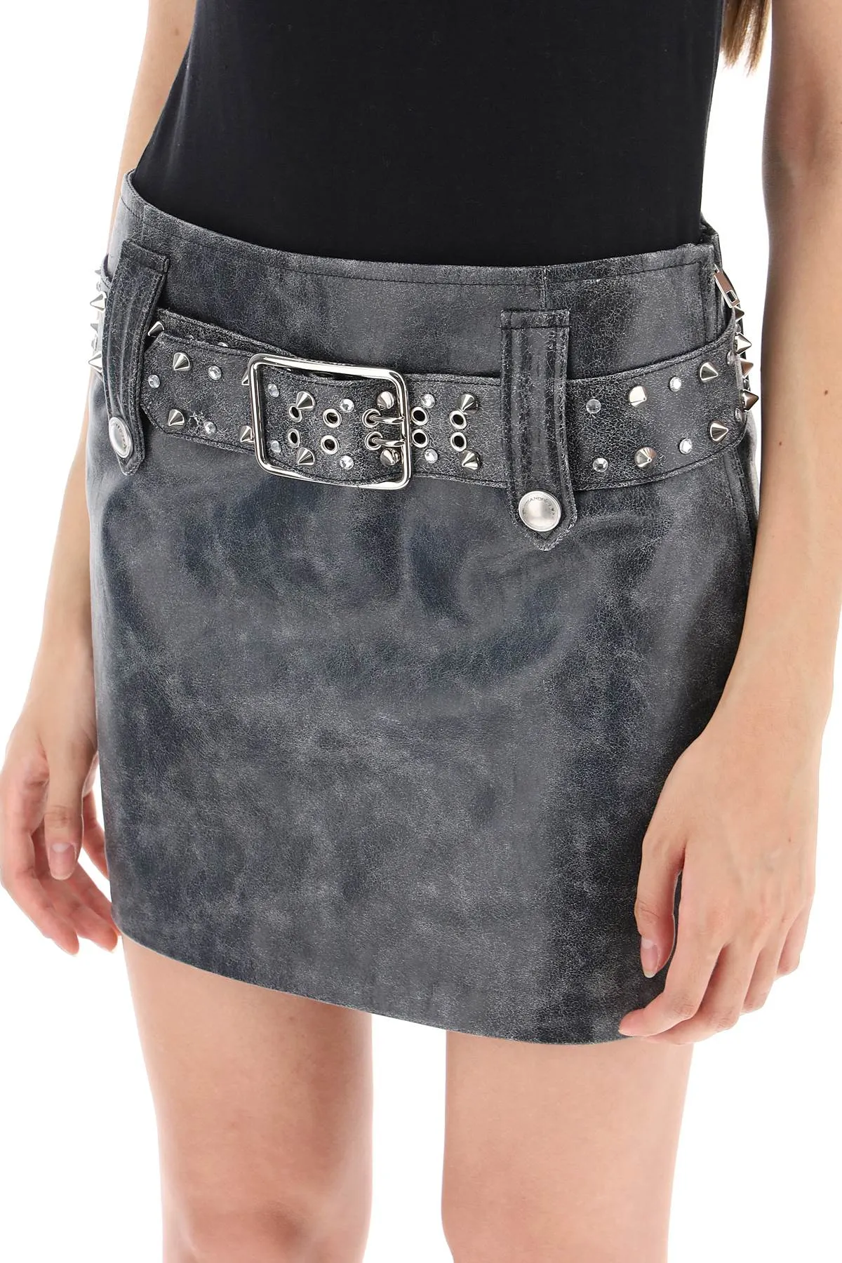 Alessandra Rich Leather Mini Skirt With Belt And Appliques