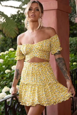 Alexi Frill Trim Mini Skirt Sunflower Print Yellow