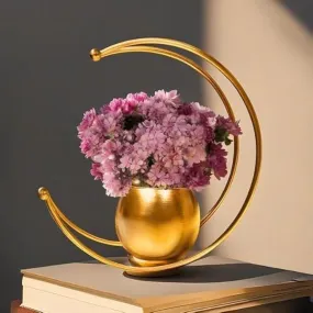 AMAZING ANTIQUE Metal Geometric Design Flower Vase with Gold Finish | Table Decorative Round Shape Flower Pot Moon Flower Vase | Size: 22X22 CM | Pack of 1 | Flower Not Included