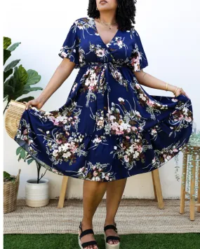 Anna Kaci Plus Size V Neck Floral Print Flowy Navy Maxi Dress - Jn4719