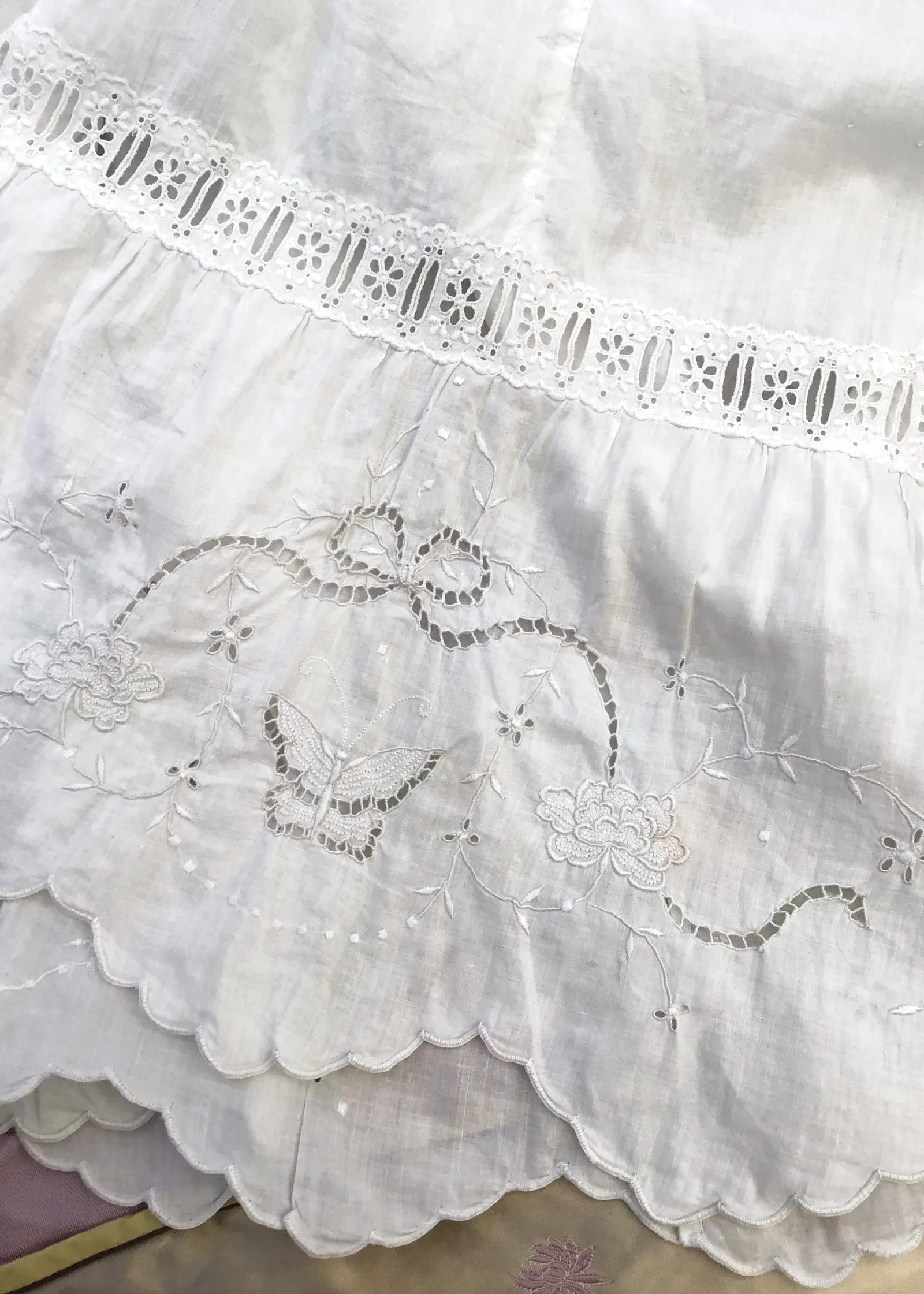 Antique White Linen Petticoat Under Skirt • Embroidered Butterflies