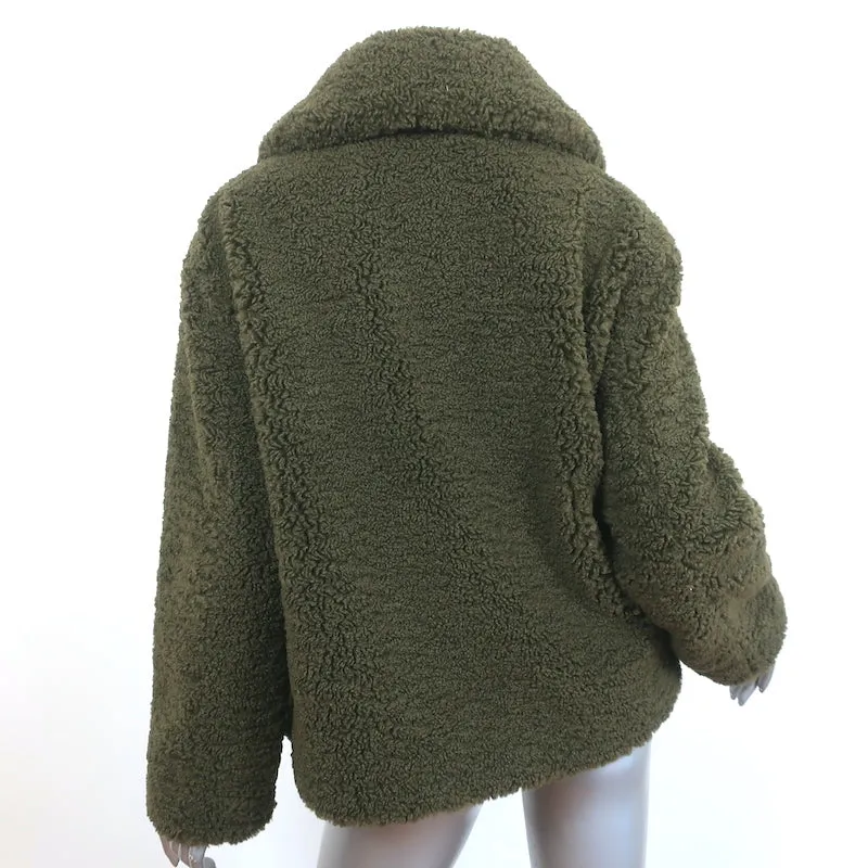 Apparis Tara Faux Shearling Jacket Olive Size Medium Zip-Up Short Coat