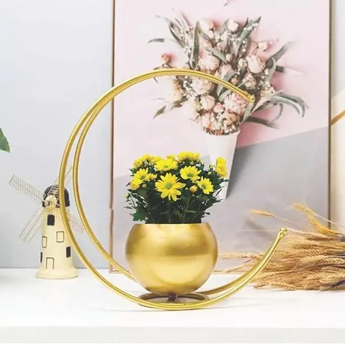 Art Space Gallery Metal Geometric Design Flowe Vase with Gold Finish | Table Decorative Round Shape Flower Pot Moon Flower Vase | Size: 26X26 CM | Pack of 1 | Flower Not Included