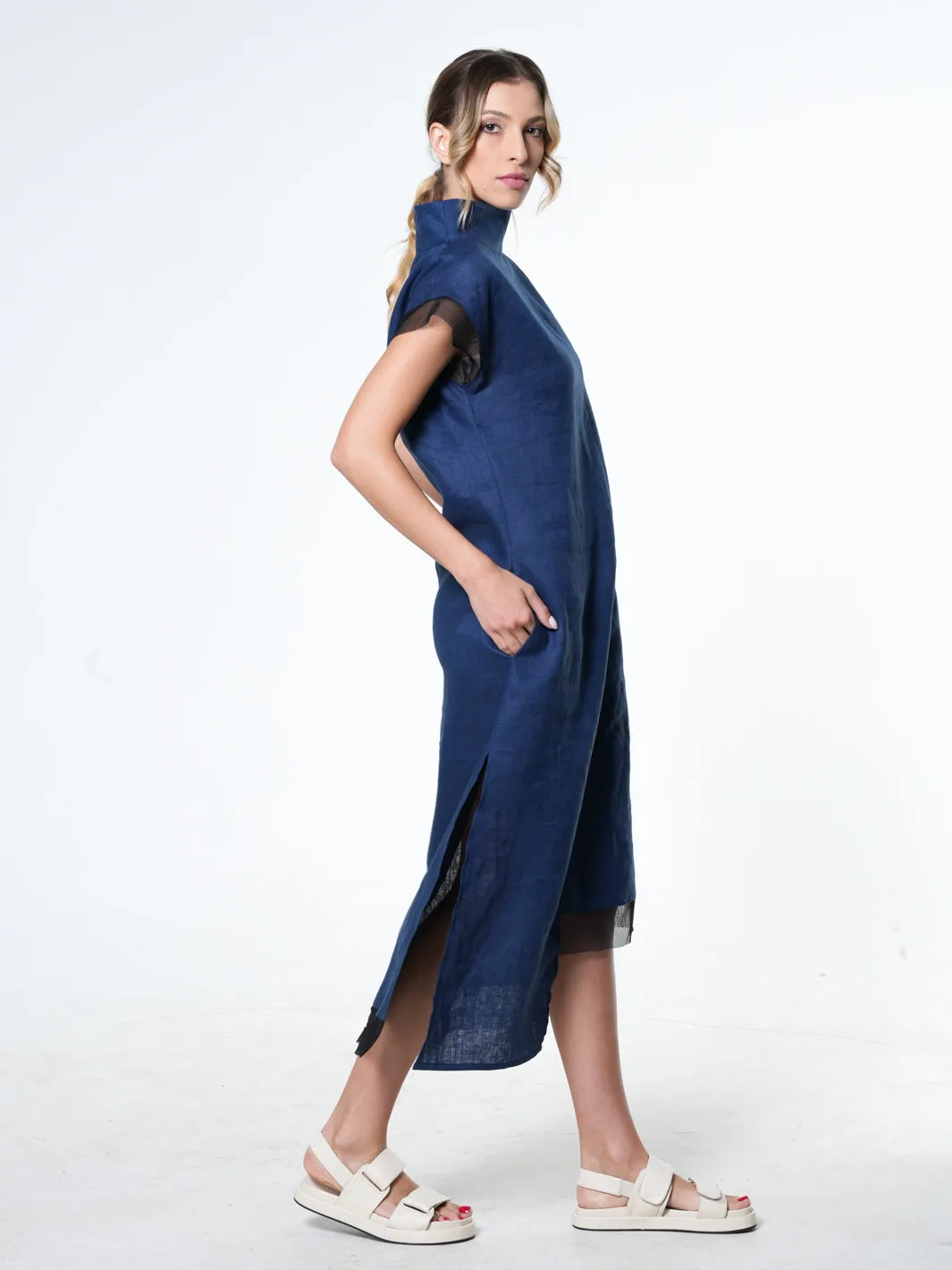 Asymmetrical Linen Dress In Navy Blue