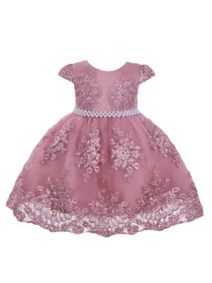 Baby Girls Dusty Pink Floral Embroidery Pearl Waist Flower Girl Dress 6-24 Months