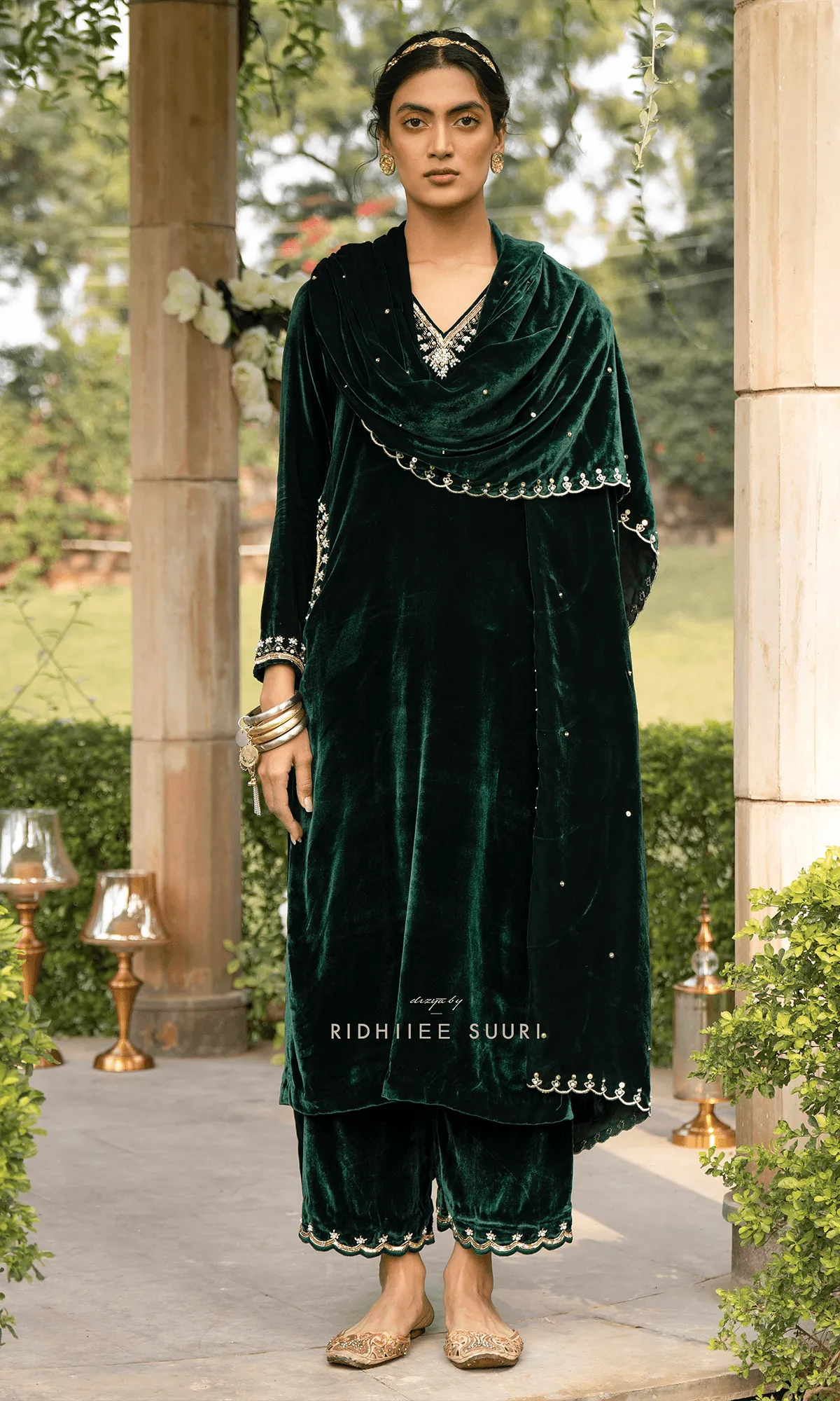 Bareen Mughals Bottle Green velvet Straight Kurta With Palazzo And Shawl - Set Of 3 RTS