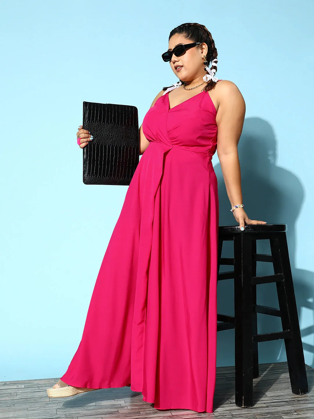 Berrylush Women Plus Size Solid Pink V-Neck Sleeveless Crepe Thigh-High Slit Fit & Flare Wrap Maxi Dress