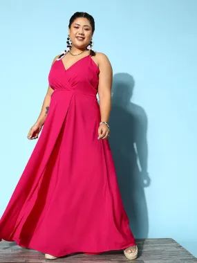 Berrylush Women Plus Size Solid Pink V-Neck Sleeveless Crepe Thigh-High Slit Fit & Flare Wrap Maxi Dress