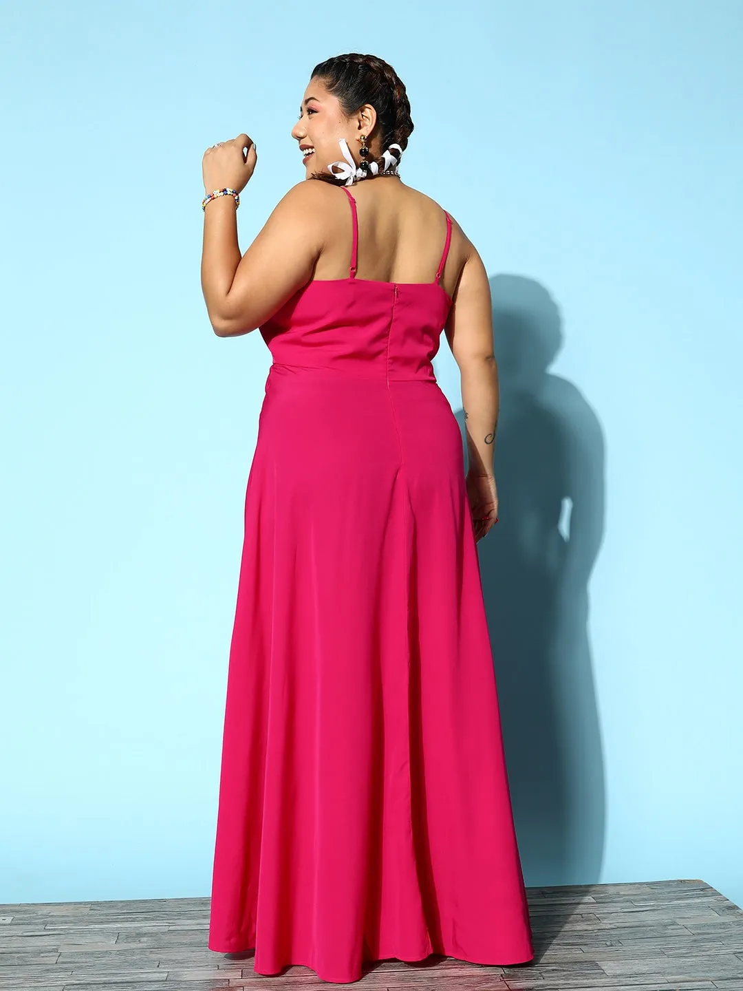 Berrylush Women Plus Size Solid Pink V-Neck Sleeveless Crepe Thigh-High Slit Fit & Flare Wrap Maxi Dress