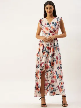 Berrylush Women White Floral Print High Low Maxi Dress