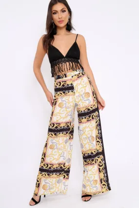 Black and Gold Scarf Print High Waist Flare Trousers - Freddy