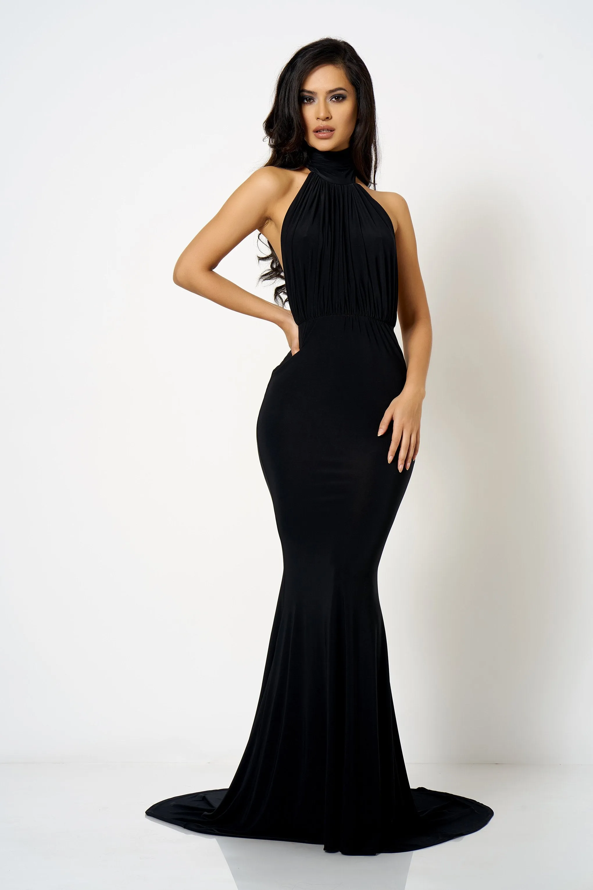 Black Backless Halter High Neck Fishtail Maxi Dress