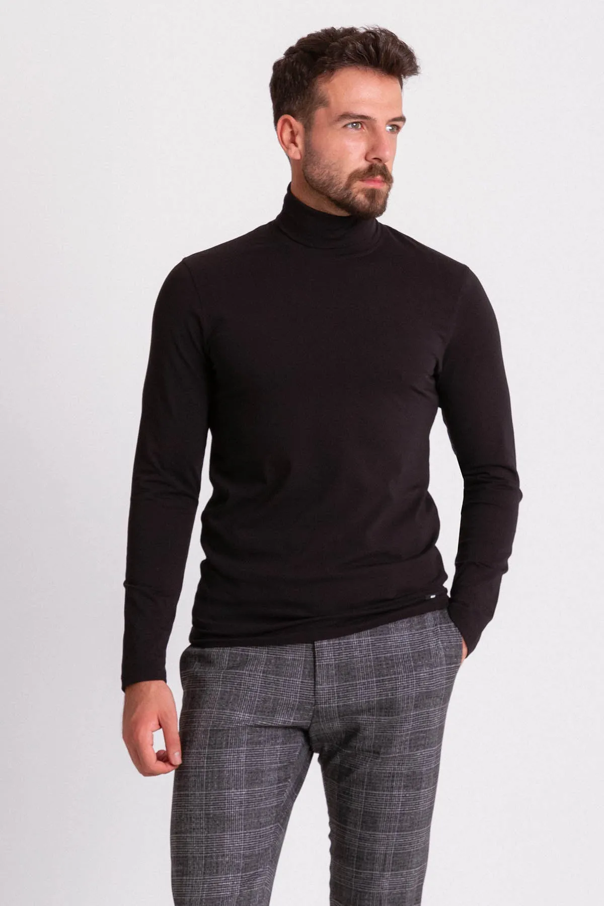 Black Cotton And Elastic Long Sleeved Turtleneck Casual Mens T Shirt