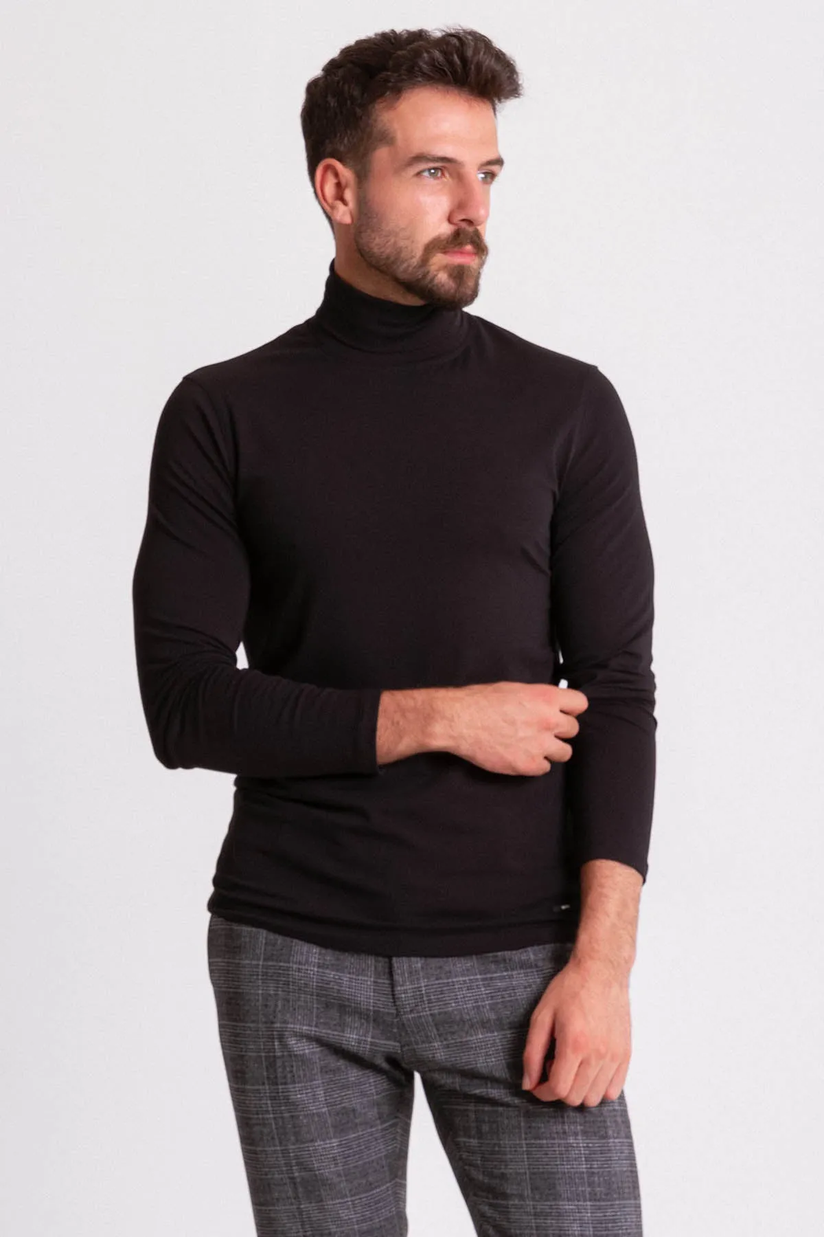 Black Cotton And Elastic Long Sleeved Turtleneck Casual Mens T Shirt