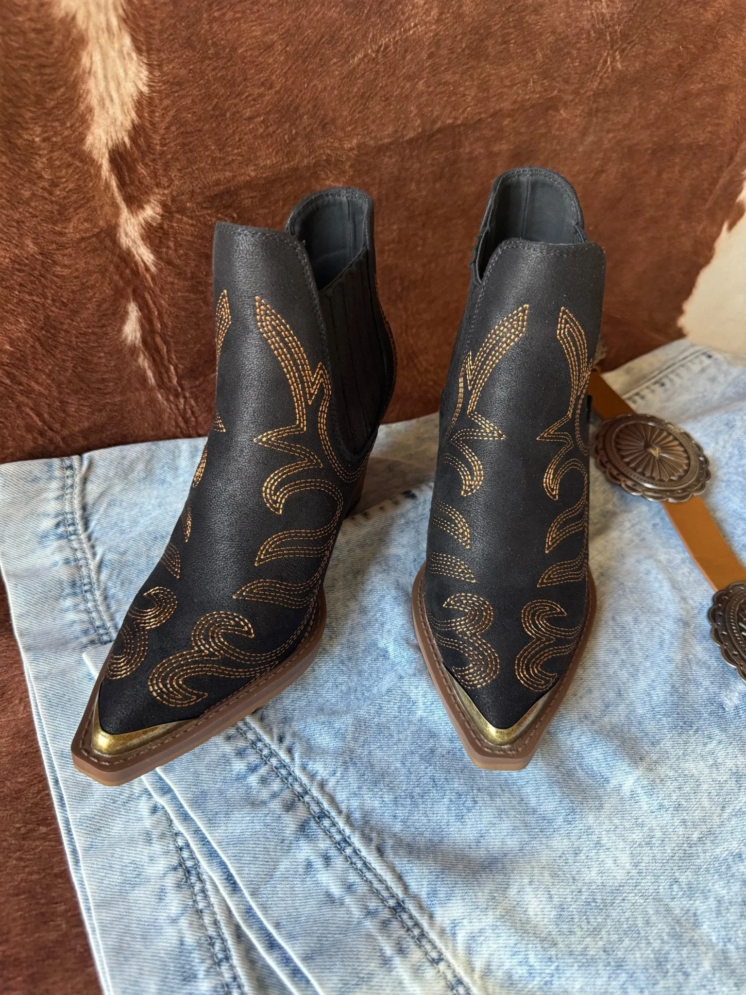 Black Embroidered Boot Stitch Western Booties