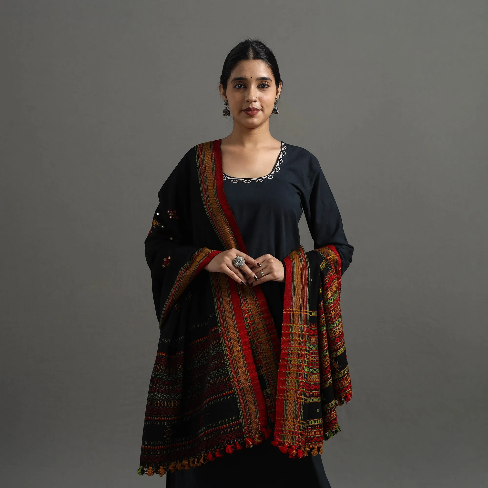 Black - Kutch Handwoven Mirror Work Woollen Shawl 09