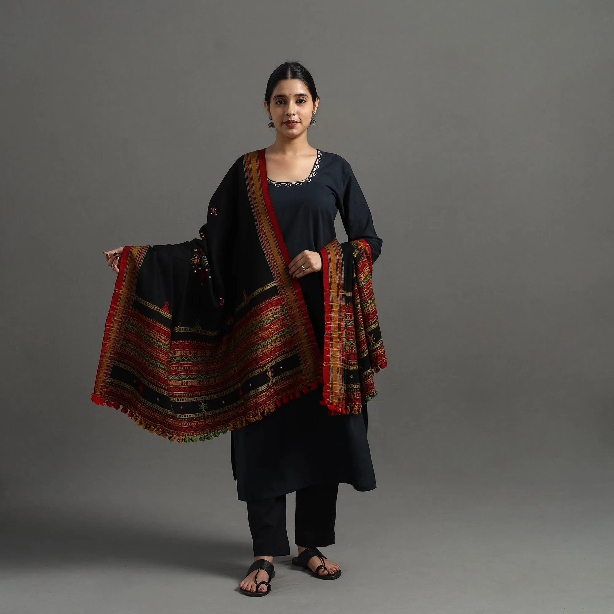 Black - Kutch Handwoven Mirror Work Woollen Shawl 09