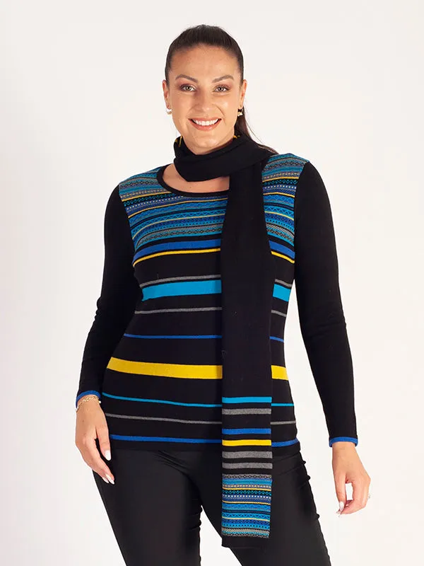 Black, Royal Blue & Citrus Striped Jumper and Scarf Set