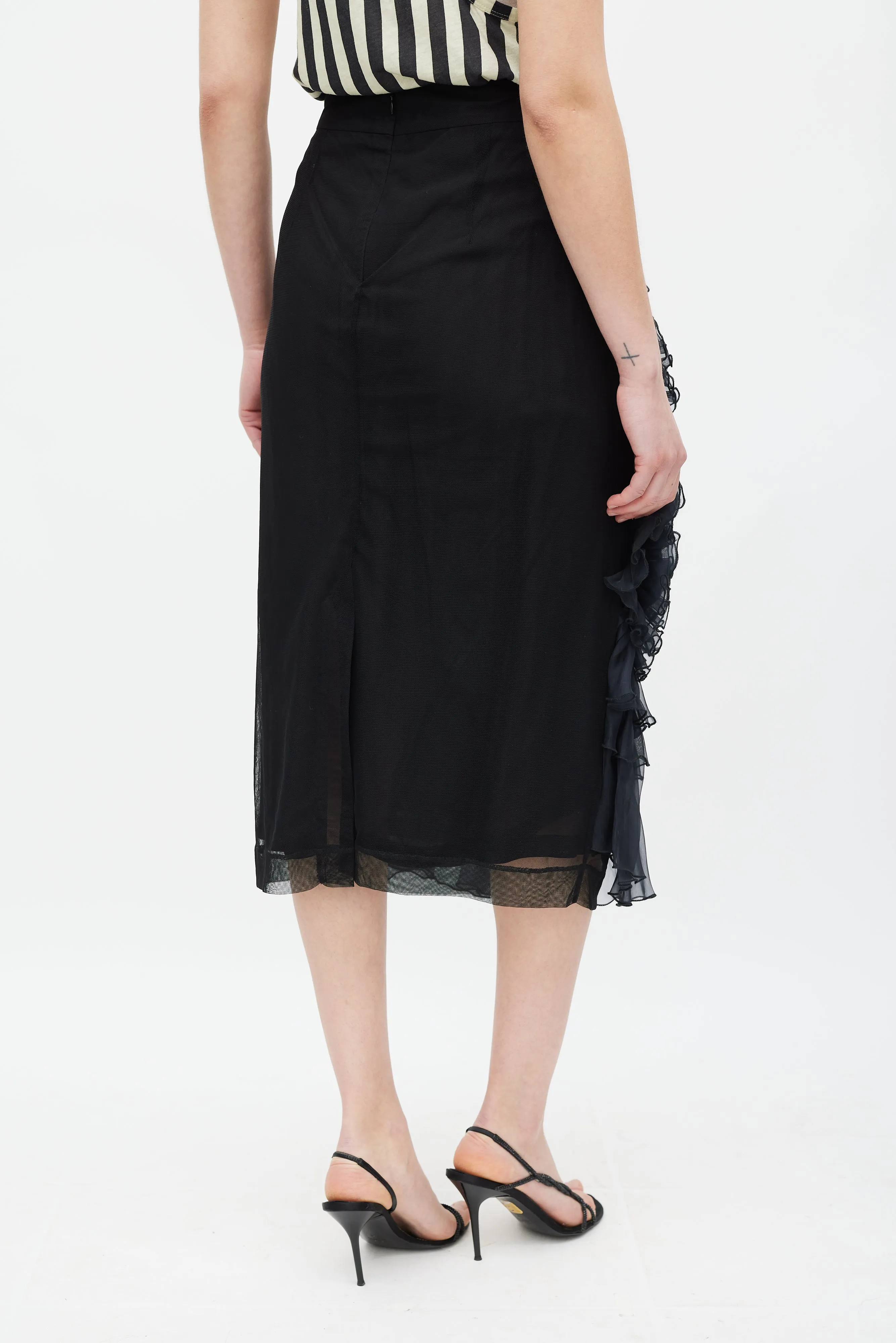 Black Silk Mesh Ruffled Skirt