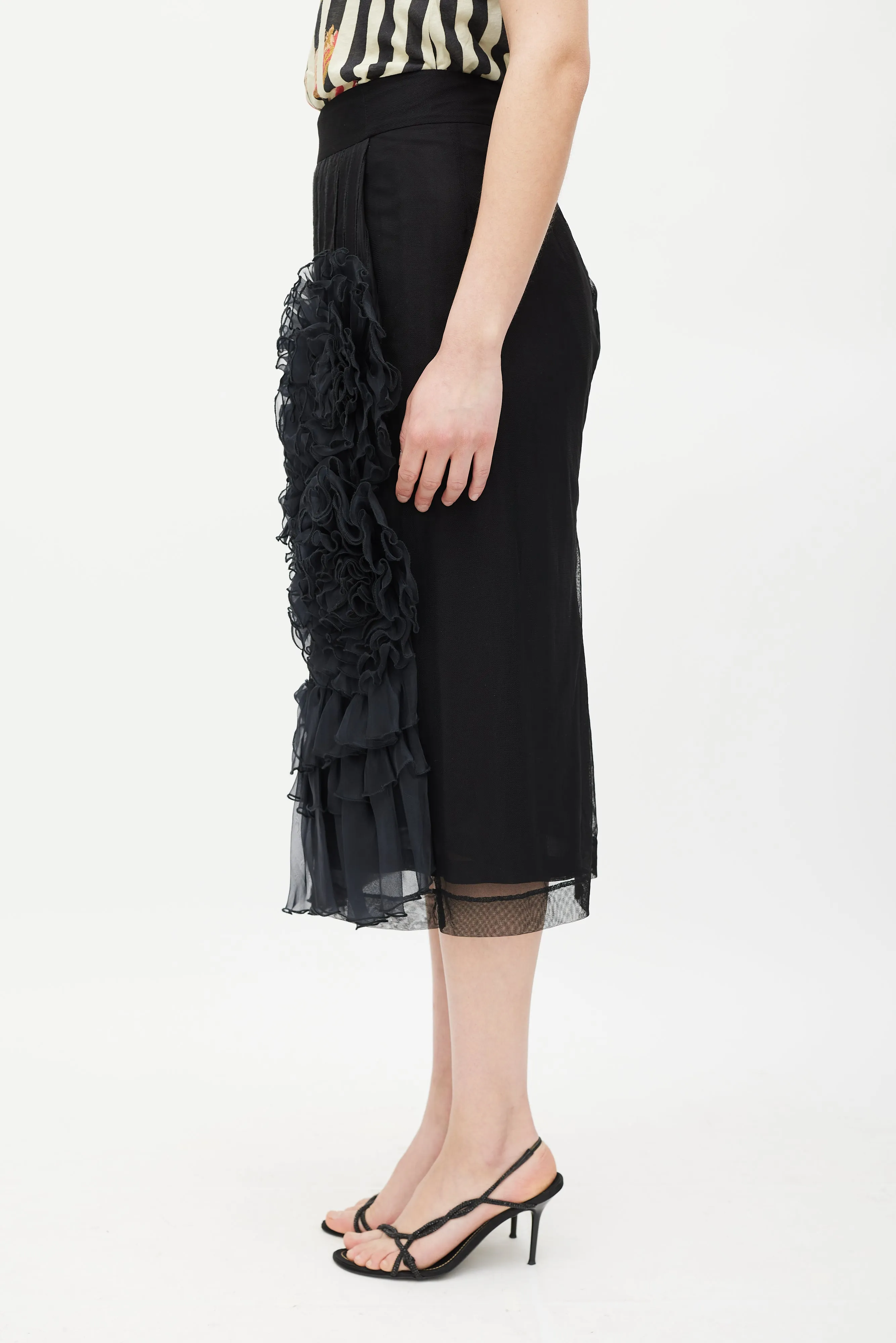 Black Silk Mesh Ruffled Skirt