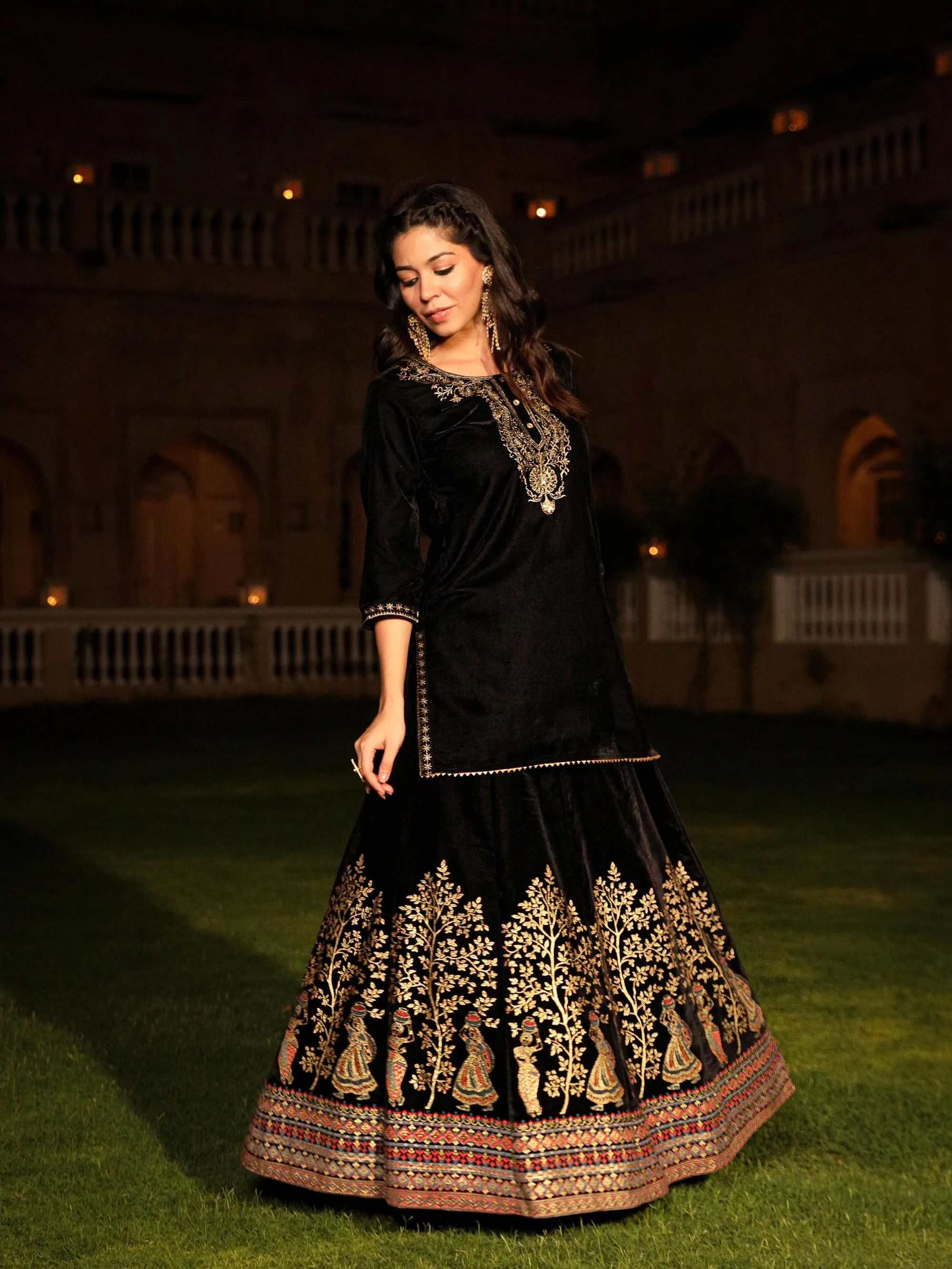 Black Zari Embroidered Velvet Top & Skirt Set With Sequins & Buttons