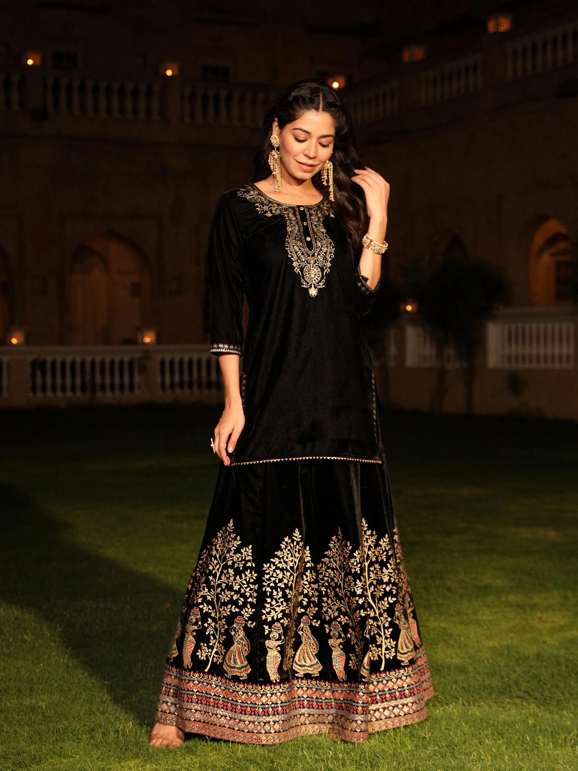 Black Zari Embroidered Velvet Top & Skirt Set With Sequins & Buttons