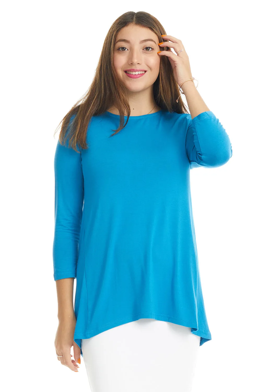 Blue 3/4 Sleeve Crewneck Tunic Shirt 'Ivy' Top for Women